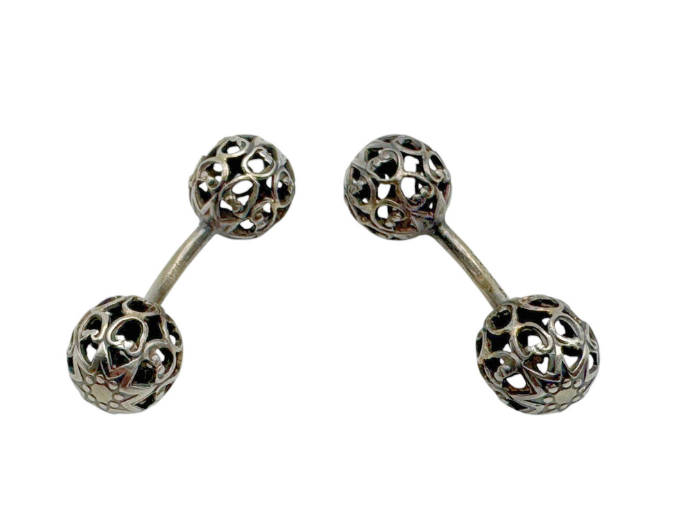 Vintage Art Deco Sterling Silver Filigree Sphere Cufflinks Dumbbell Bar Link